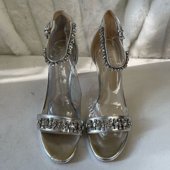 Nine West Engaged silver ankle strap platform sandals with Rhinestones … - Picture 2 of 16